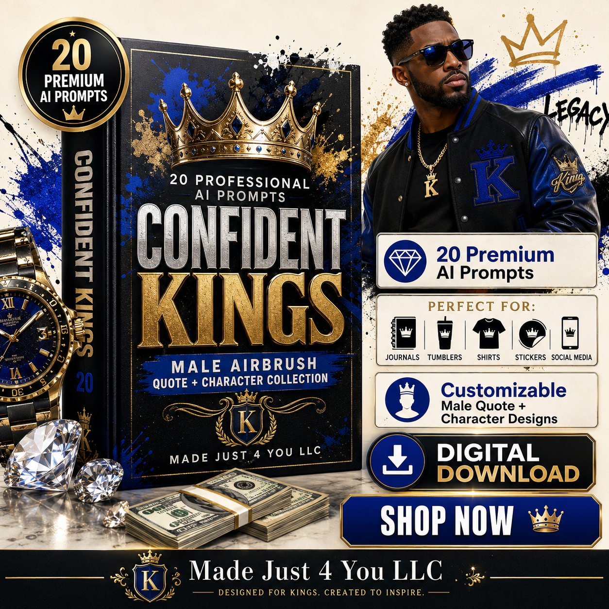 Confident Quotes + Confident Kings AI Prompt Bundle | 40 Airbrush Character & Quote Prompts