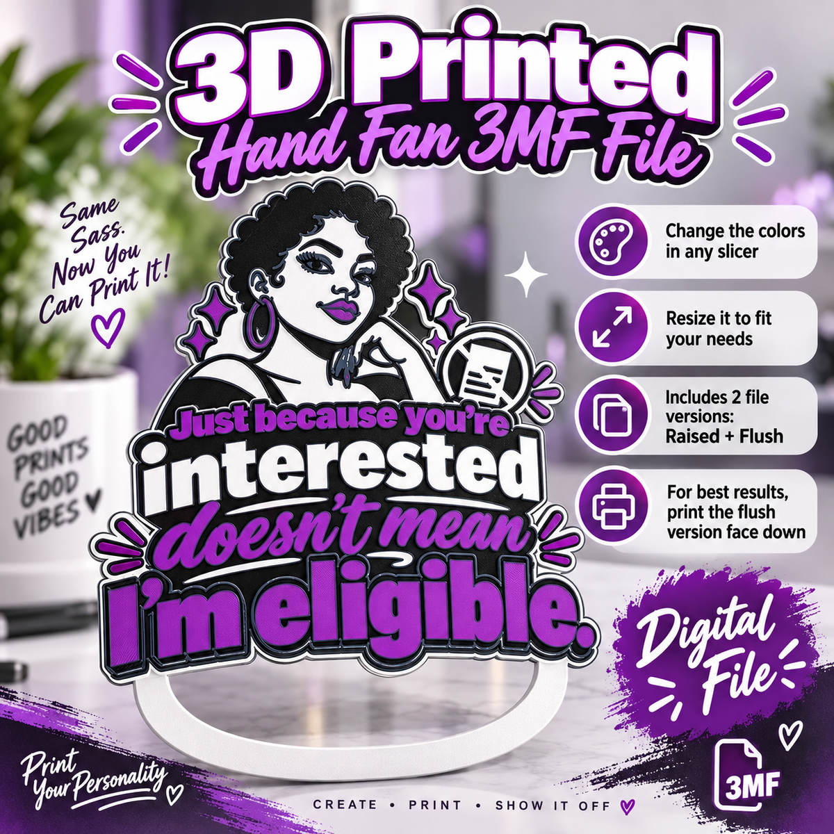 3D Printed Hand Fan 3MF File – Raised & Flush Versions | Customizable Digital Download