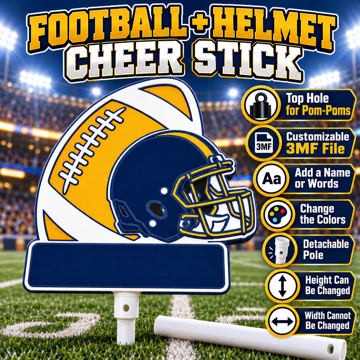 Customizable Football & Helmet Cheer Stick 3MF File with Detachable Pole