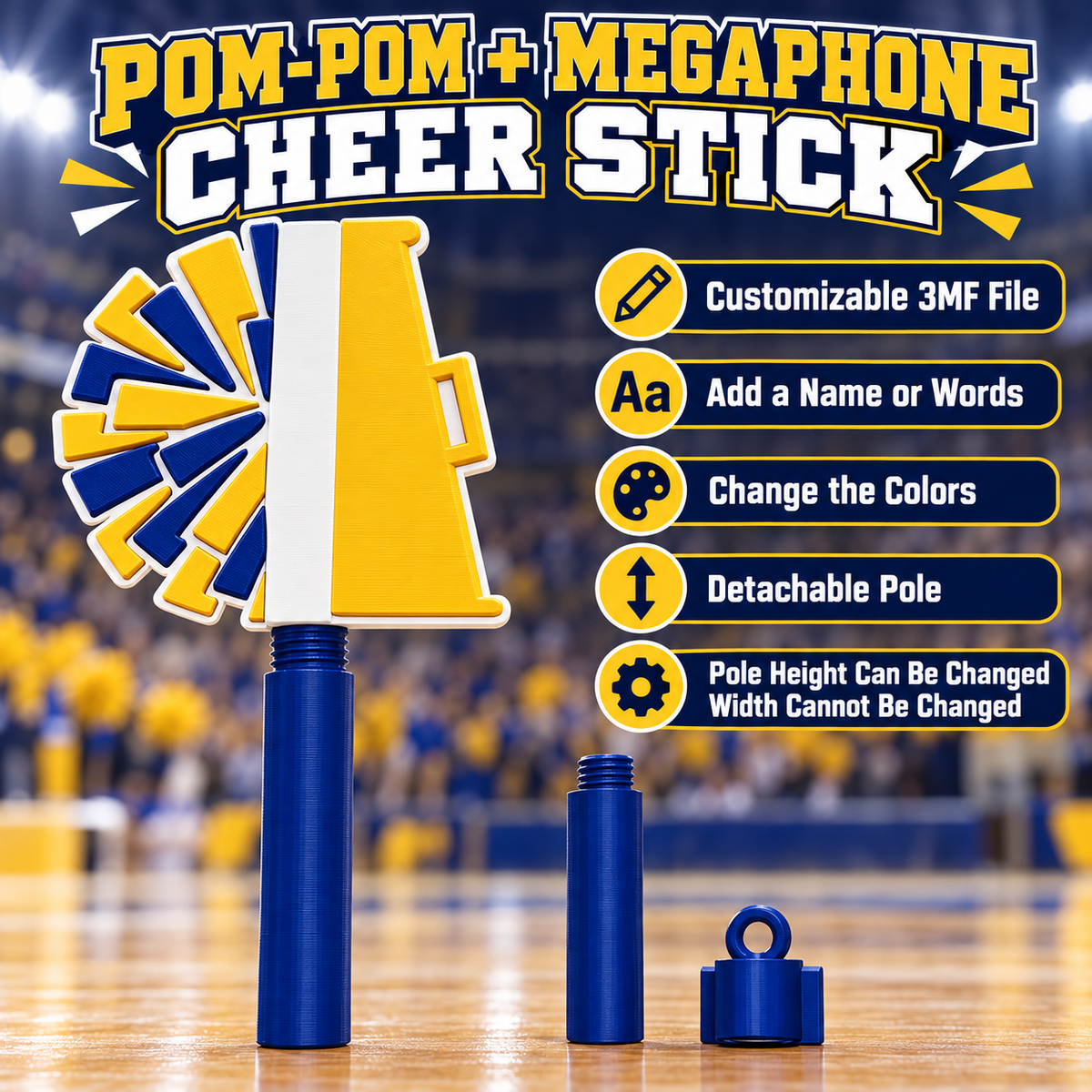 Customizable Pom-Pom & Megaphone Cheer Stick 3MF File with Detachable Pole