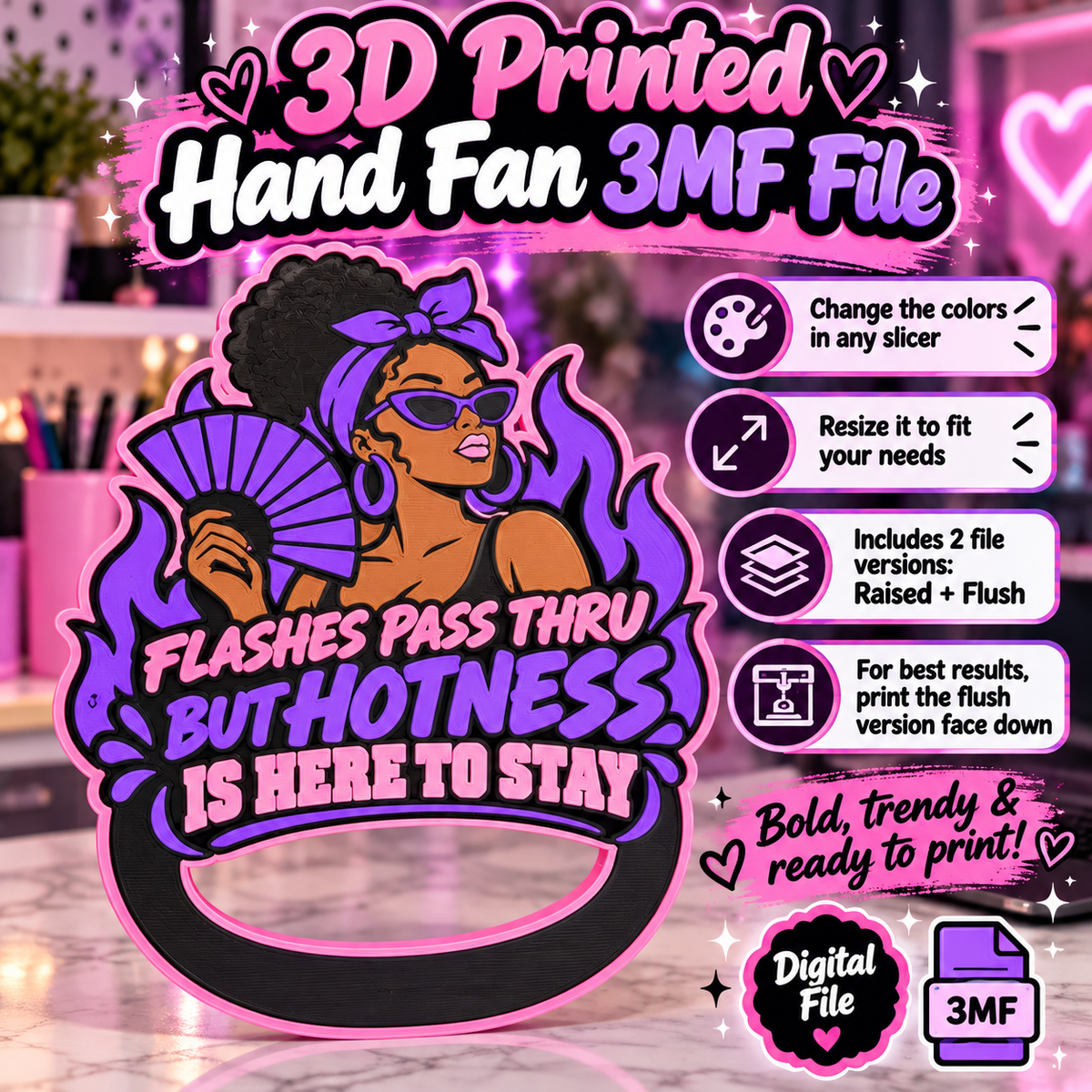 Hot Flash Hand Fan 3MF File – Raised & Flush 3D Print Digital Download