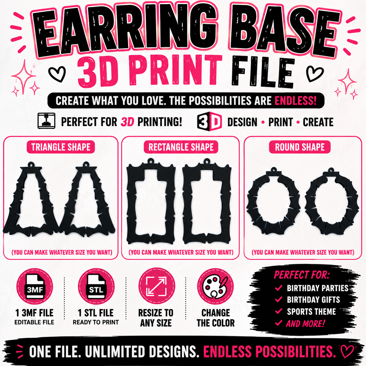 3D Printed Geometric Earring Base STL File Bundle | Rectangle, Circle & Triangle Earring Templates