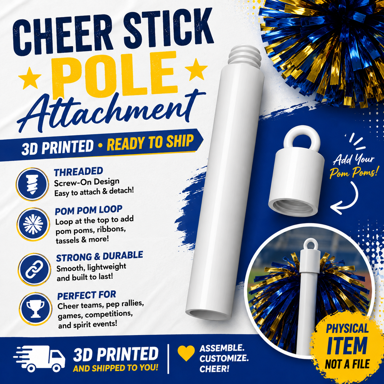 3D Printed Cheer Stick Pole Attachment | Screw-On Pom Pom Loop Pole | Custom Cheer Accessory| POLE ONLY