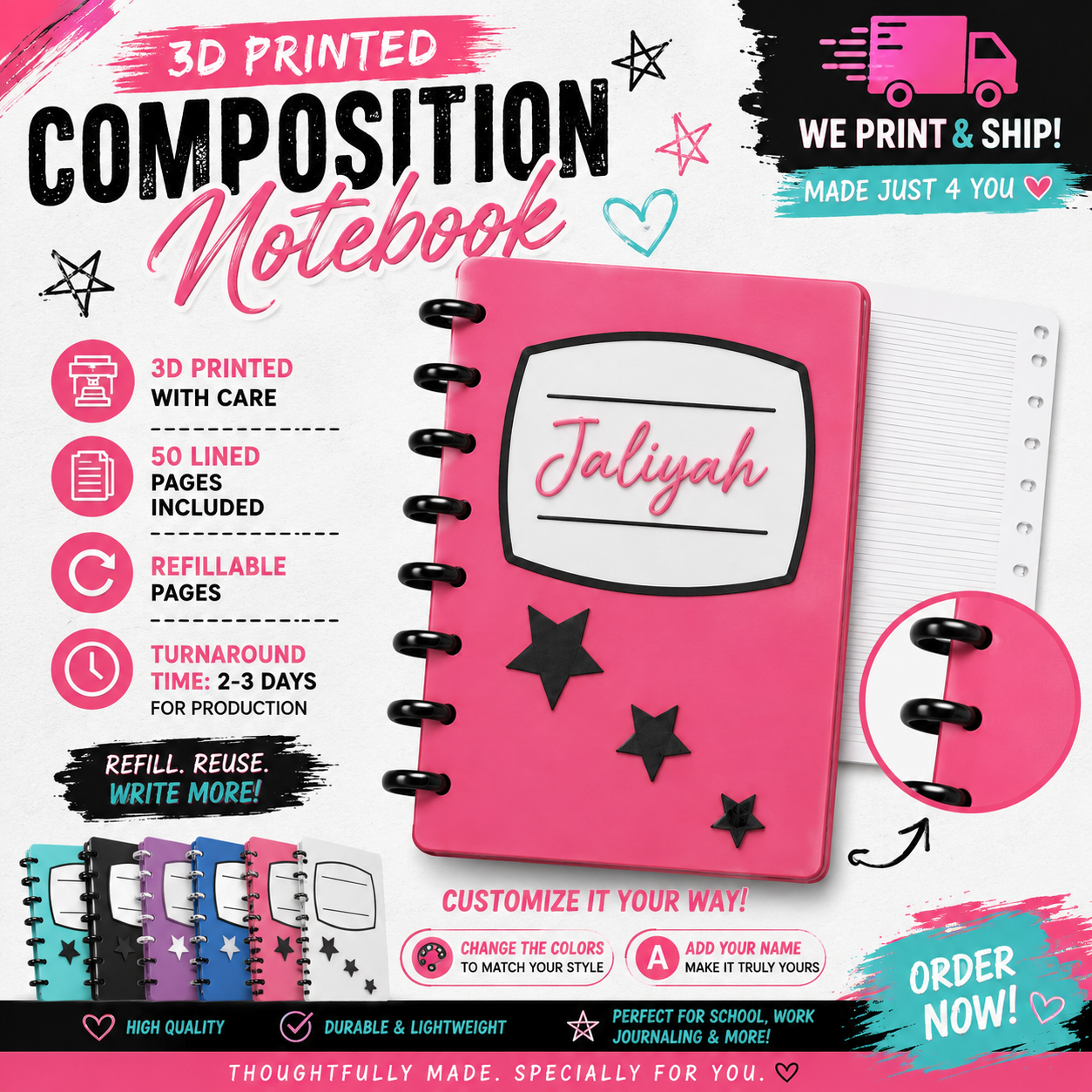 3D Printed Composition Style Notebook | Refillable Disc-Bound Notebook | 50 Lined Pages | Personalized Name & Color Options