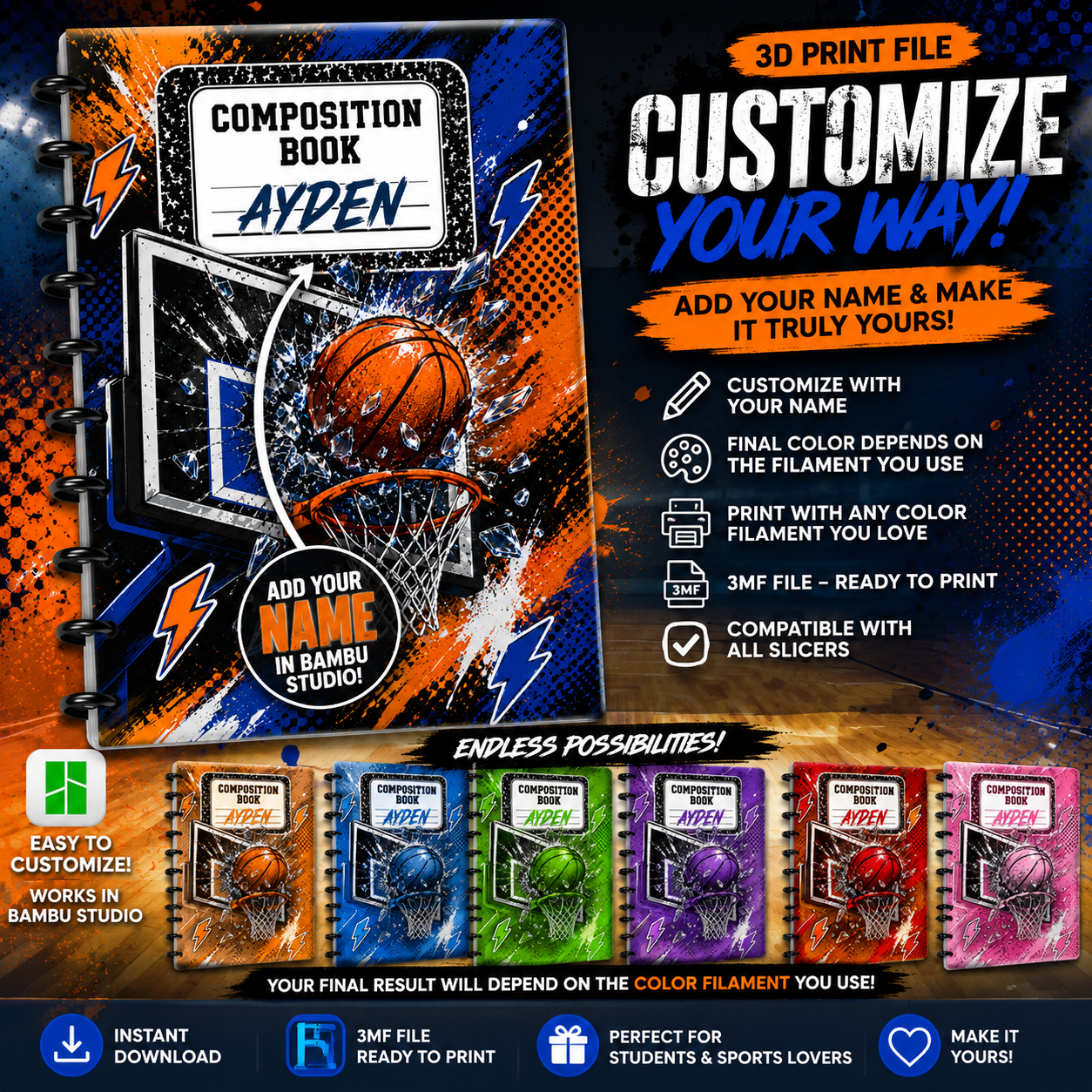 A promotional graphic for a customizable 3D printable composition book file. The main subject is a spiral-bound notebook cover design with a basketball and net graphic, with the name 'AYDEN' displayed prominently.