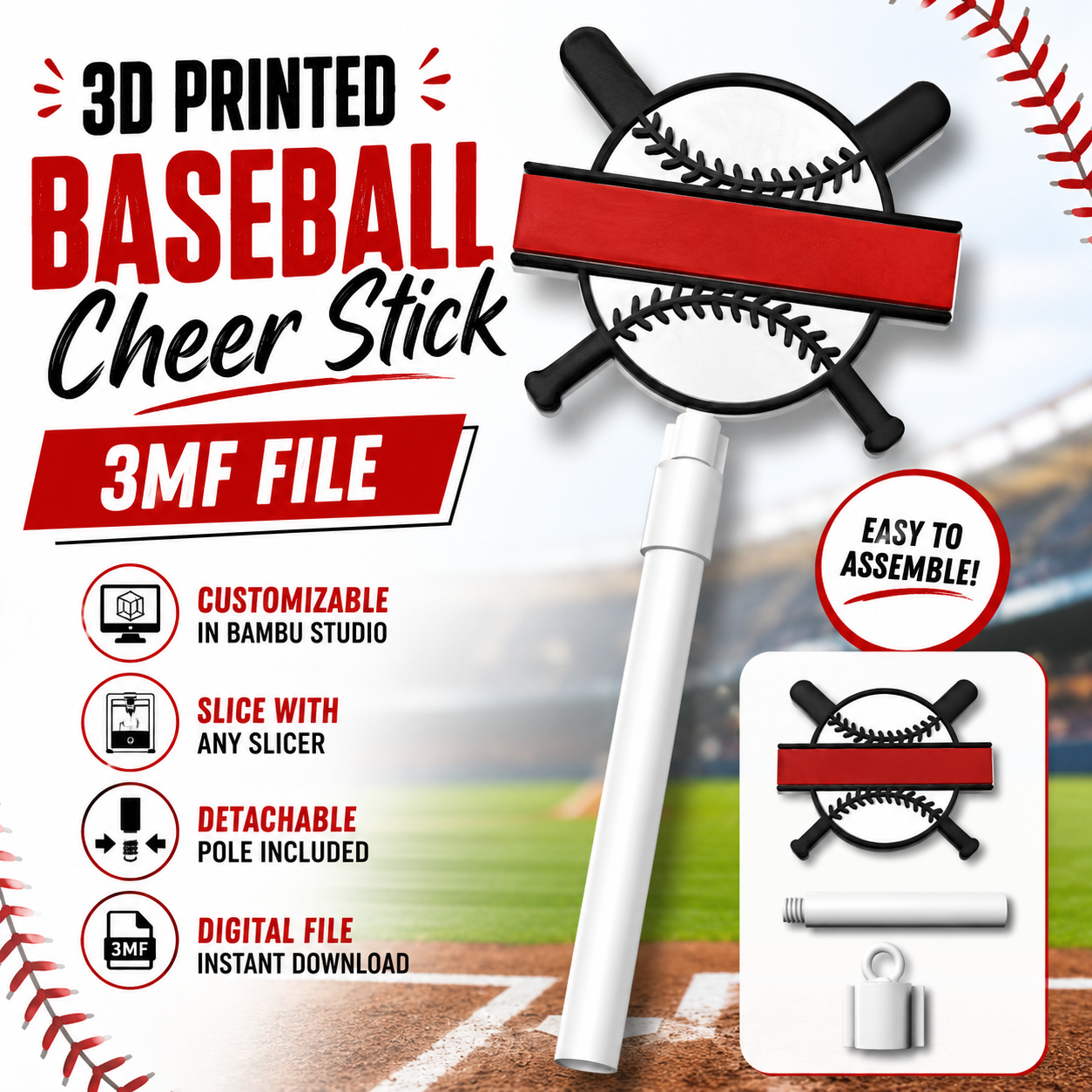 3D Printed Baseball Cheer Stick 3MF File – Customizable Team Spirit Sign with Detachable Pole