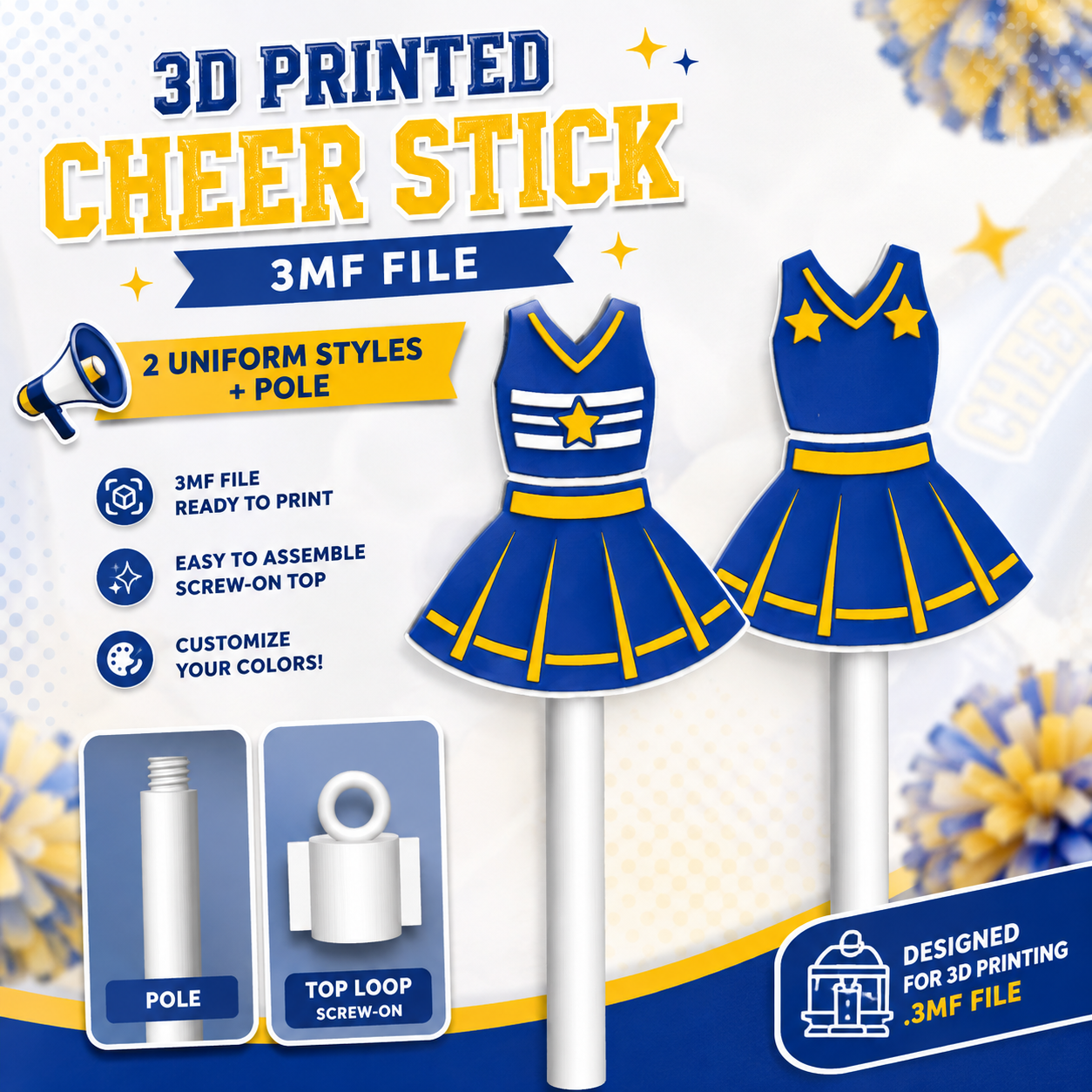 3D Printed Cheerleading Uniform Cheer Stick 3MF File – 2 Styles + Pole