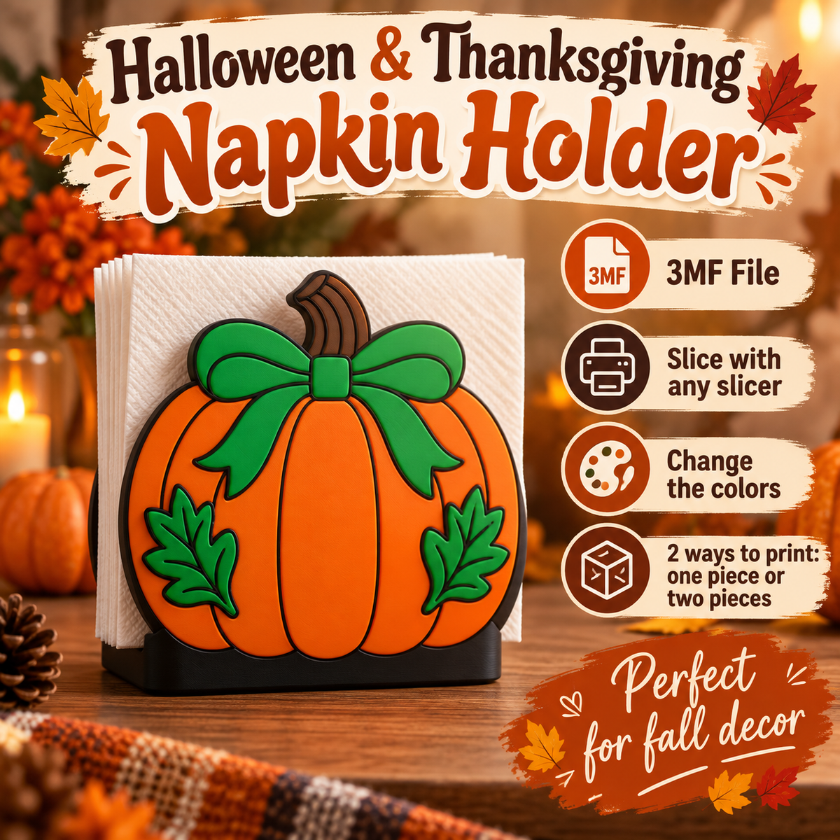 Pumpkin Napkin Holder 3MF File | Halloween & Thanksgiving Fall 3D Print