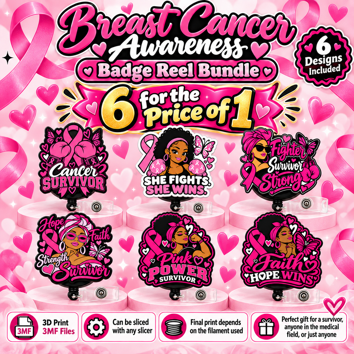 Breast Cancer Awareness Badge Reel 3MF Bundle | 6 Designs for the Price of 1
