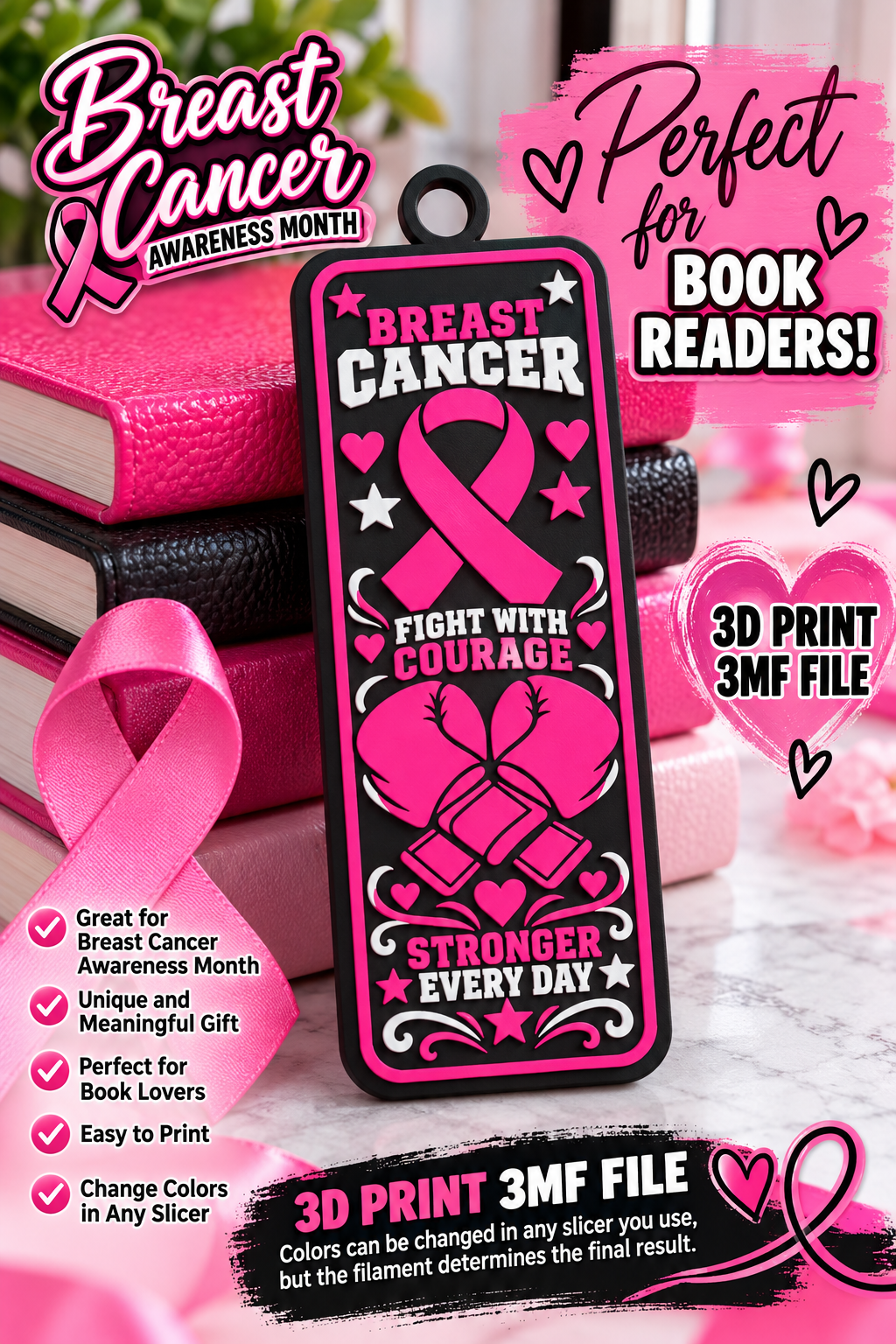 Breast Cancer Awareness Bookmark 3MF File | 3D Printable Pink Ribbon Bookmark