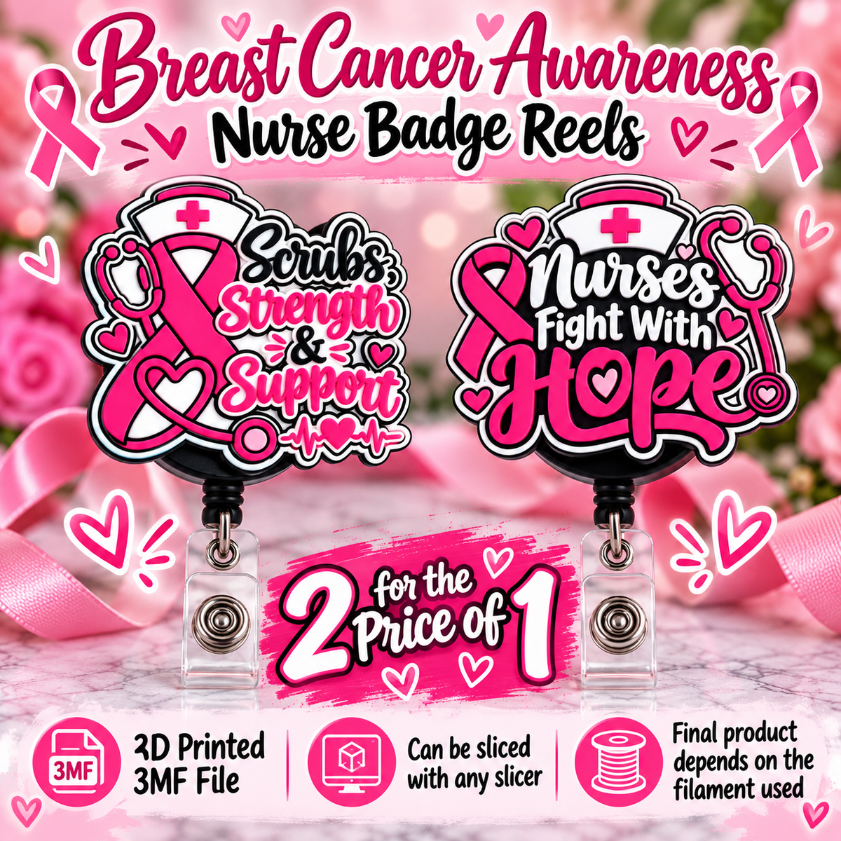 Breast Cancer Nurse Badge Reel 3MF Bundle | 2 Designs for the Price of 1