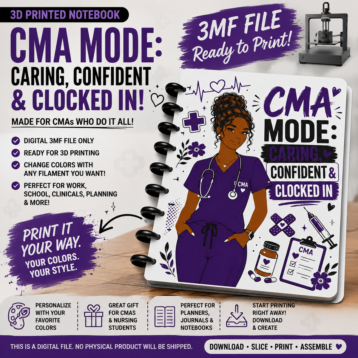 Male or Female CMA Notebook 3MF File – 3D Printed Discbound Notebook Cover | Medical Assistant Digital Download