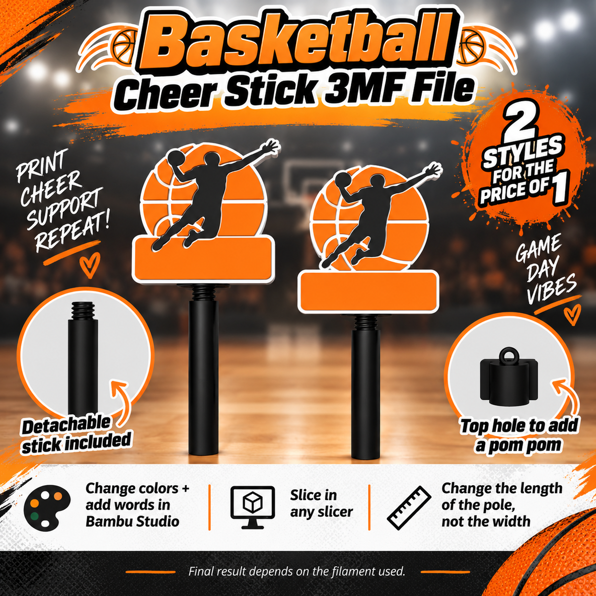 Basketball Cheer Stick 3MF File Bundle | 2 Digital Designs + Detachable Pole