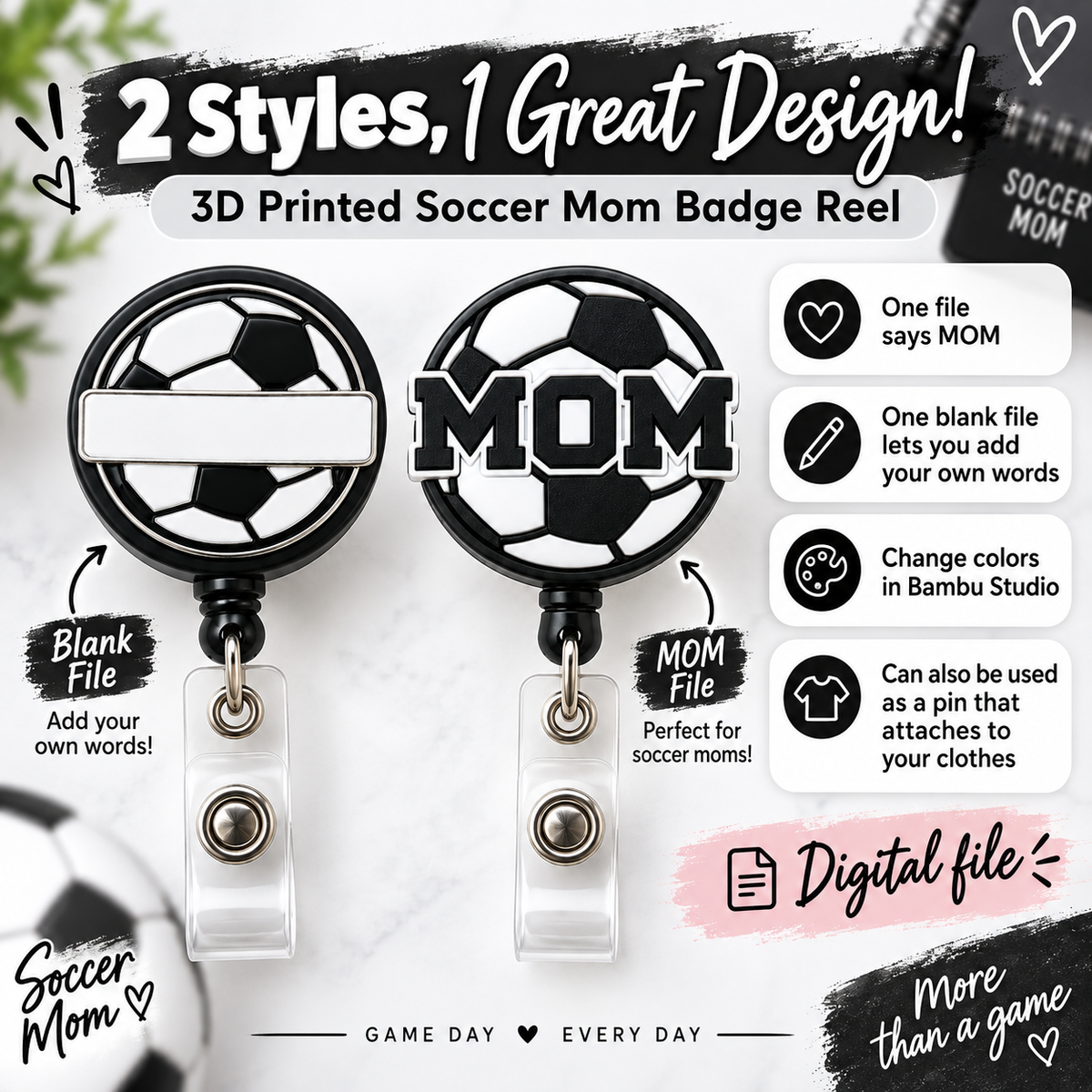 Soccer Mom Badge Reel 3MF File Bundle | Customizable 3D Print Digital Download