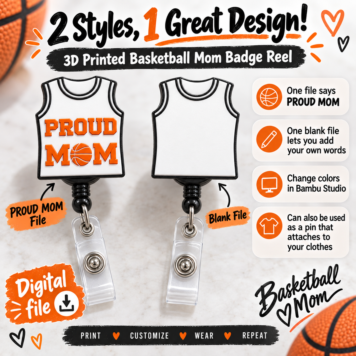 Basketball Mom Badge Reel 3MF File Bundle | Proud Mom 3D Print Digital Download