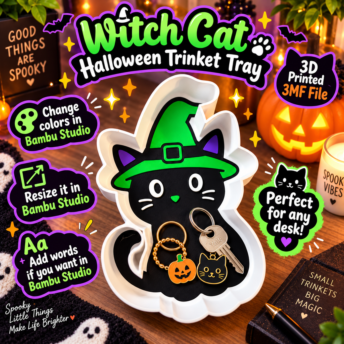 Witch Cat Halloween Trinket Tray 3MF File | 3D Print Download