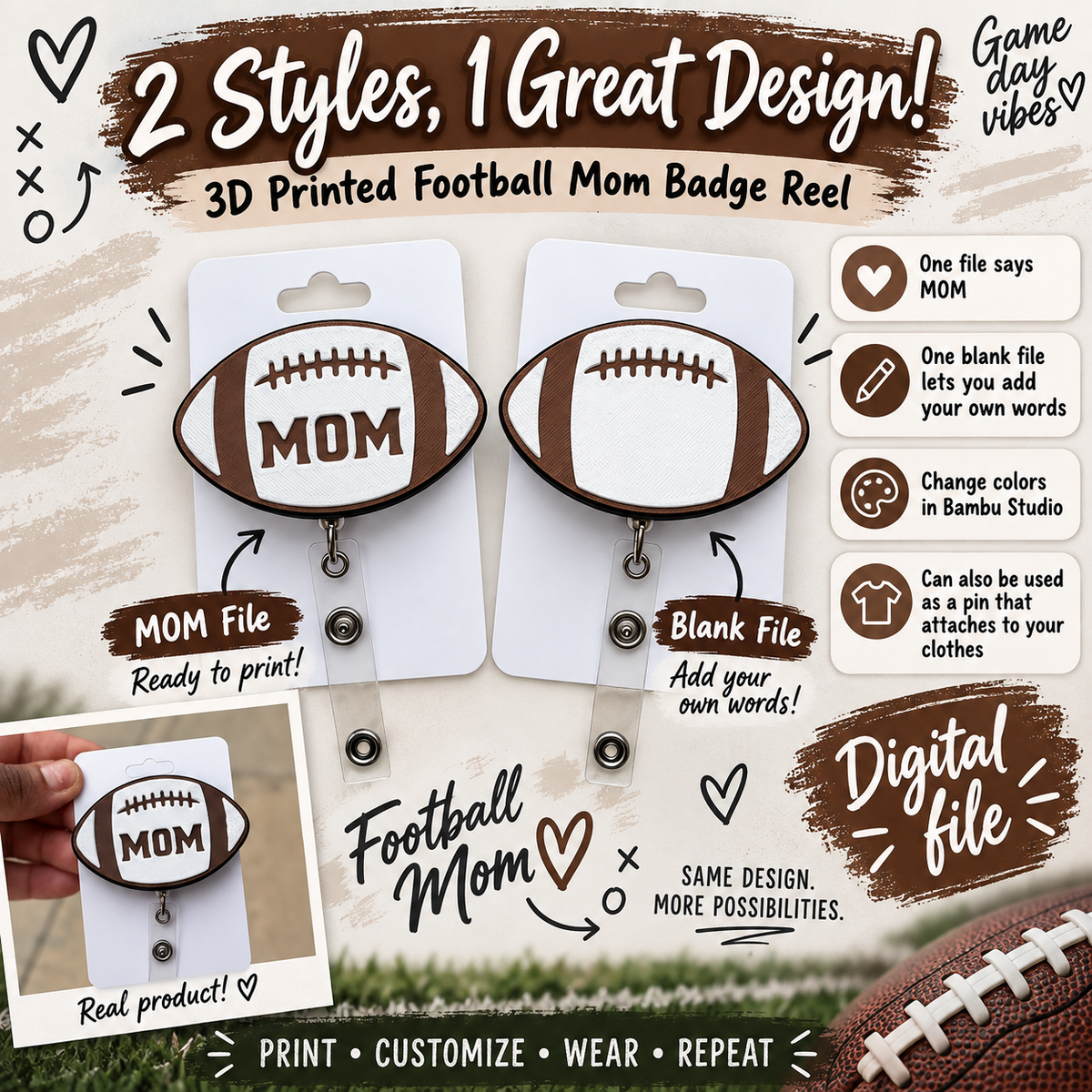 Football Mom Badge Reel 3MF File Bundle | Custom 3D Print Digital Download