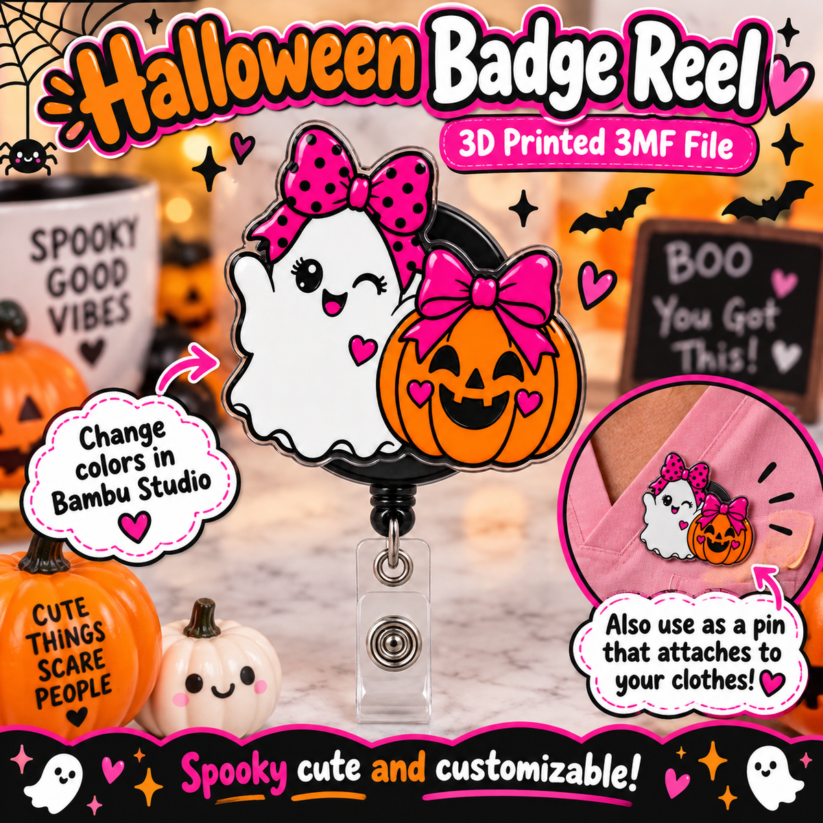 Halloween Badge Reel 3MF File | Ghost Pumpkin 3D Print