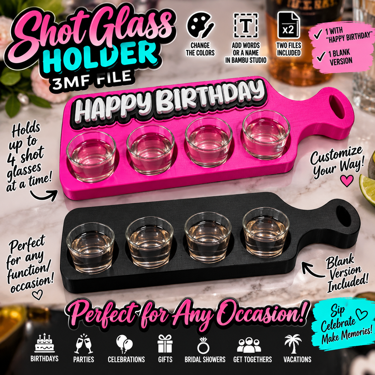Customizable 4 Shot Glass Holder 3MF File – Blank + Happy Birthday Designs