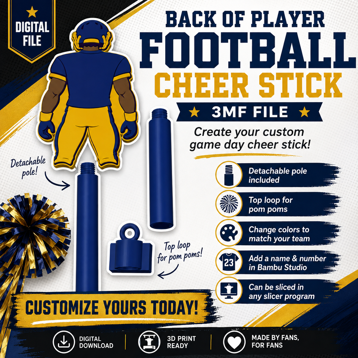 Football Player Cheer Stick 3MF File | Customizable Game Day Pom Pom Cheer Stick Digital Download