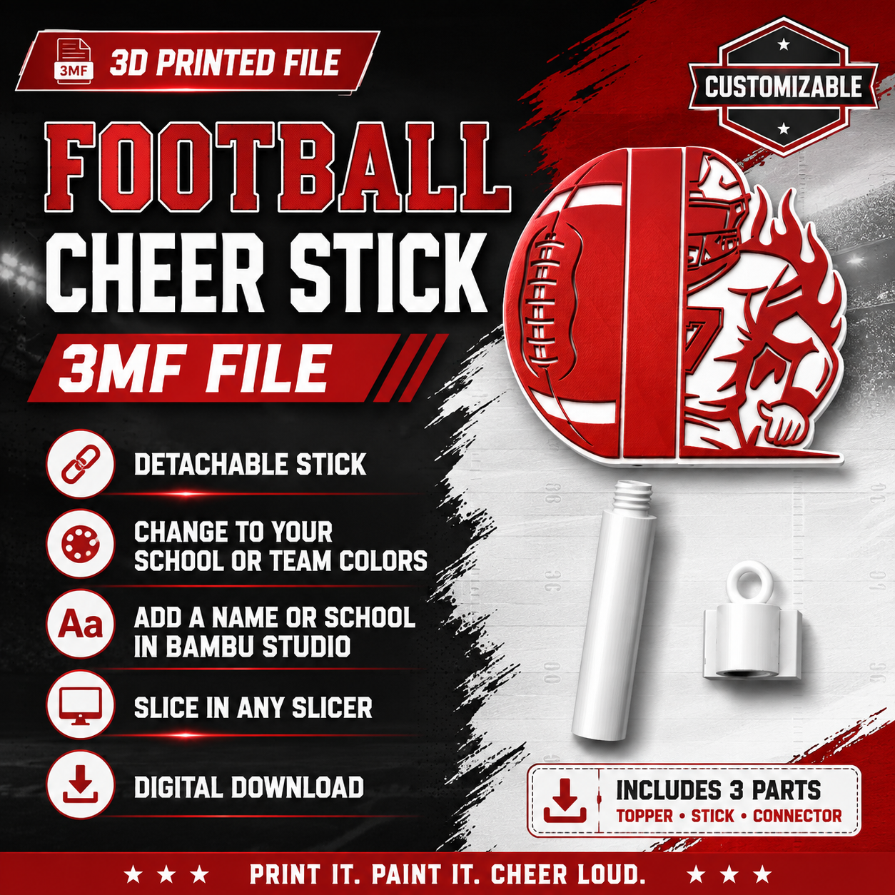 3D Printed Football Cheer Stick 3MF File | Customizable Team Spirit Stick with Detachable Handle