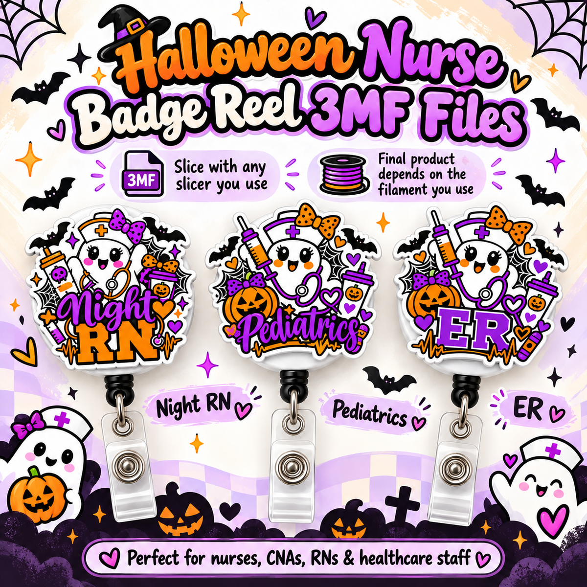 Halloween Nurse Badge Reel 3MF Bundle | Night RN Pediatrics ER 3D Print Files