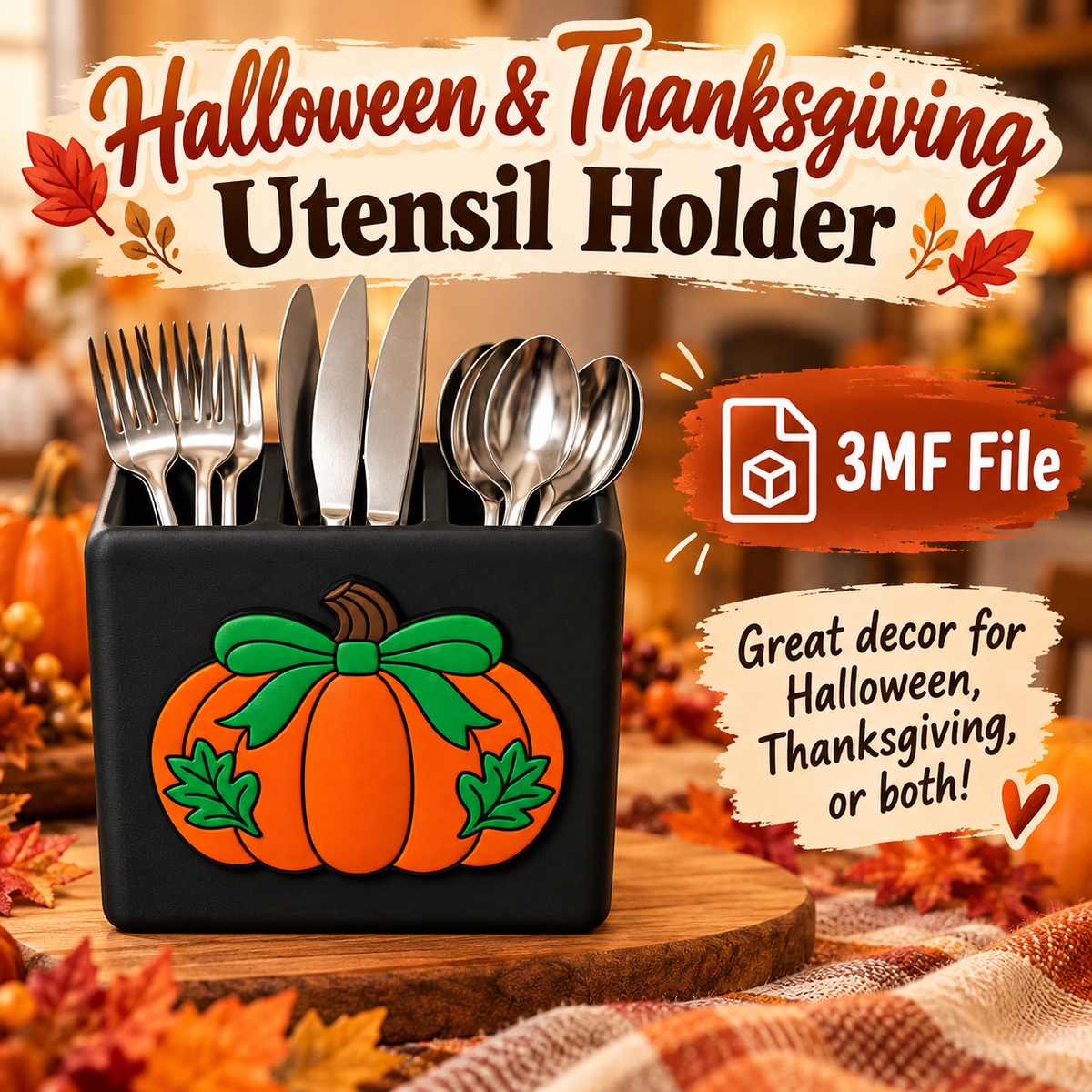 Pumpkin Utensil Holder 3MF File | Halloween & Thanksgiving 3D Print