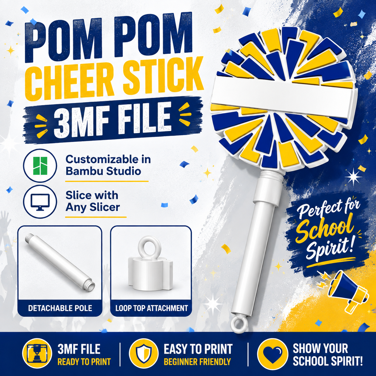 Cheer Pom Pom Stick 3MF File | Custom 3D Printed Cheer Spirit Stick