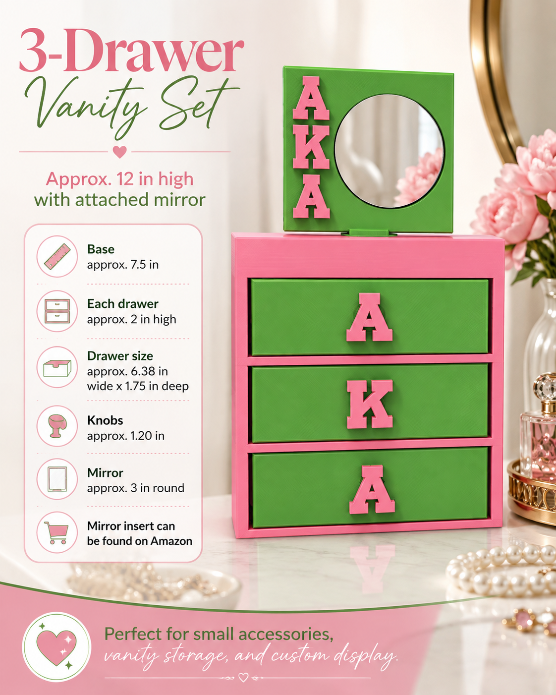 AKA-Inspired 3-Drawer Vanity Set 3MF File | 3D Printable Organizer with Mirror