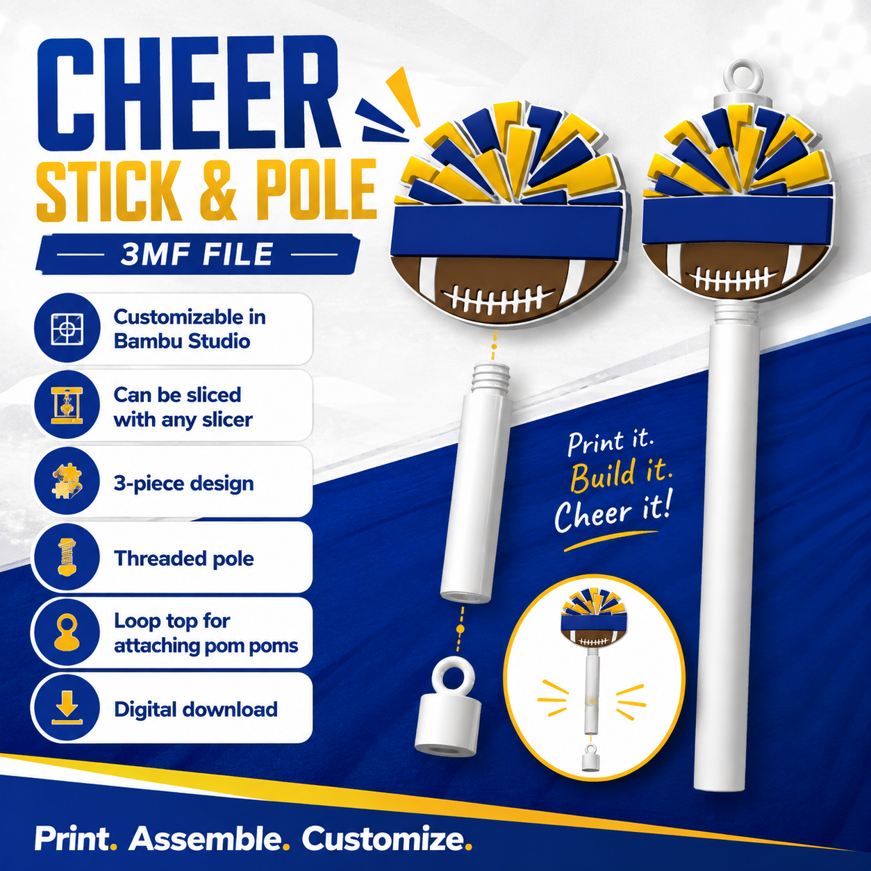 3D Printed Cheer Stick & Pole 3MF File | Customizable Cheerleading Spirit Stick | Bambu Studio Digital Download