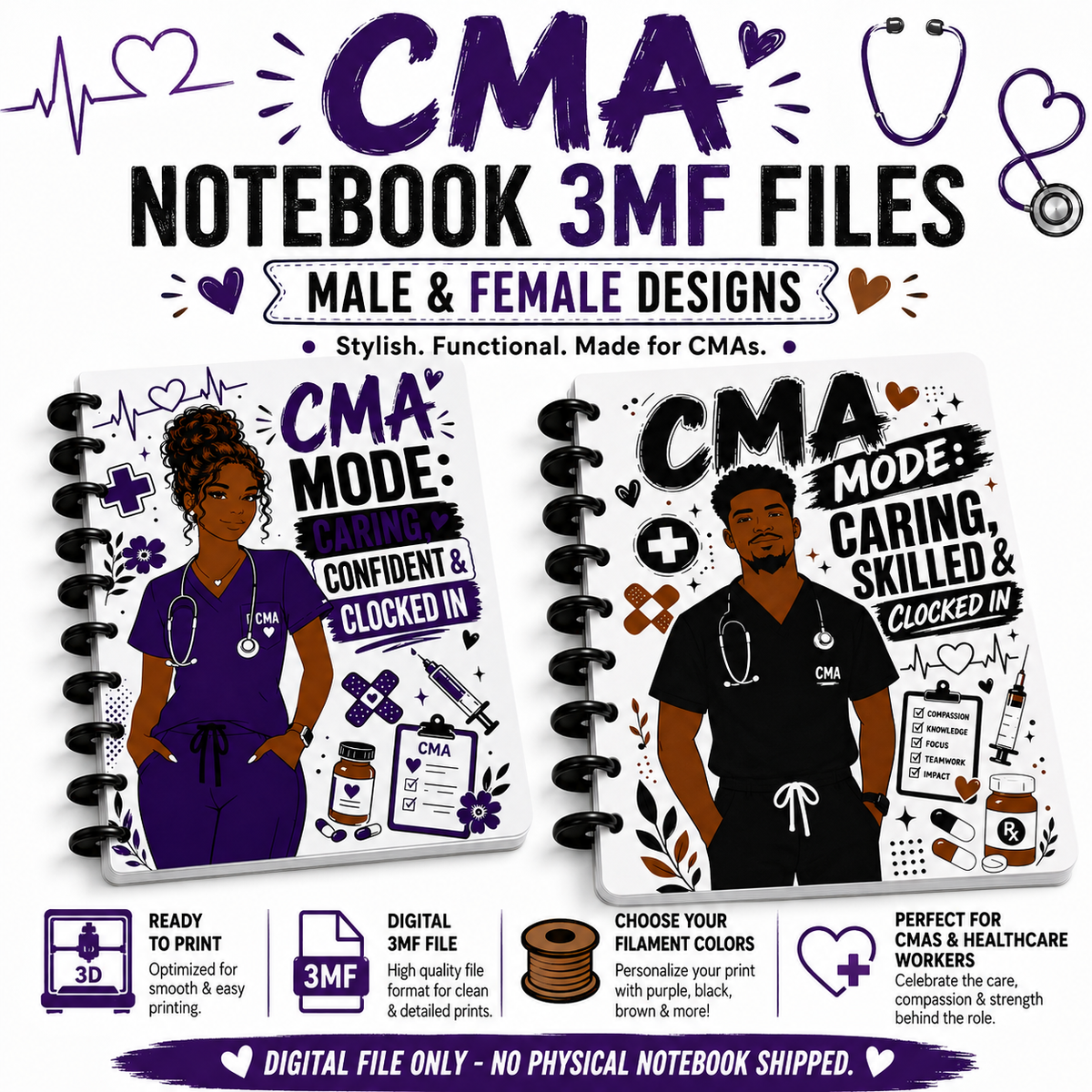Male or Female CMA Notebook 3MF File – 3D Printed Discbound Notebook Cover | Medical Assistant Digital Download