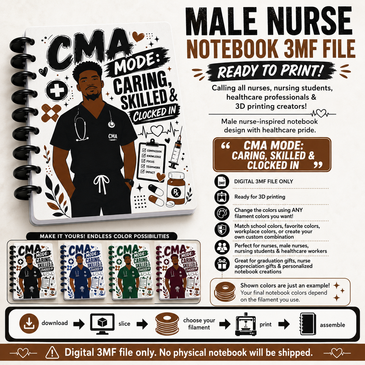 Male or Female CMA Notebook 3MF File – 3D Printed Discbound Notebook Cover | Medical Assistant Digital Download