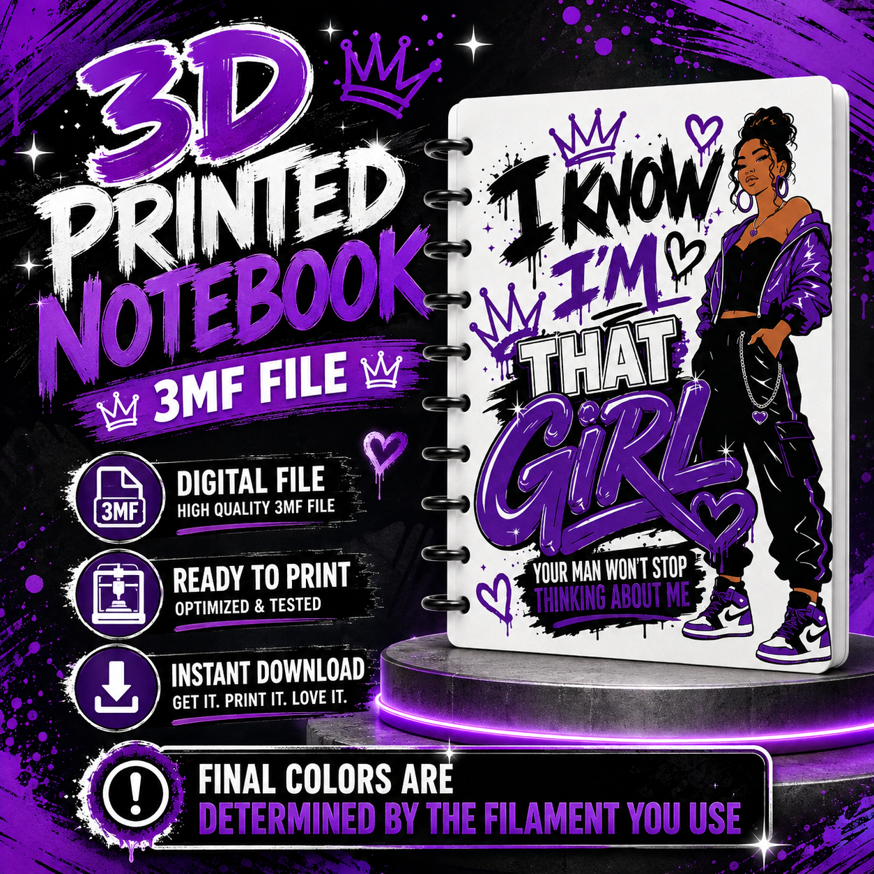 “I Know I’m That Girl” 3D Printed Notebook 3MF File | Discbound Digital Download