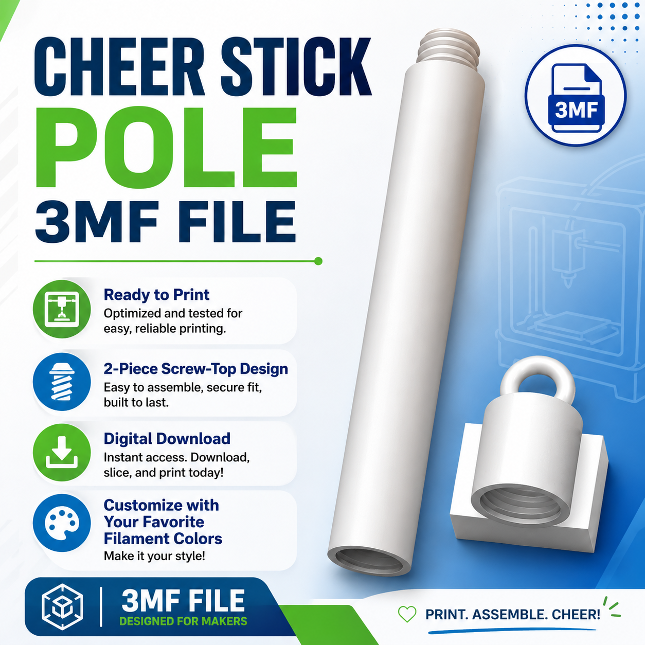 3D Printed Cheer Stick & Pole 3MF File | Customizable Cheerleading Spirit Stick | Bambu Studio Digital Download
