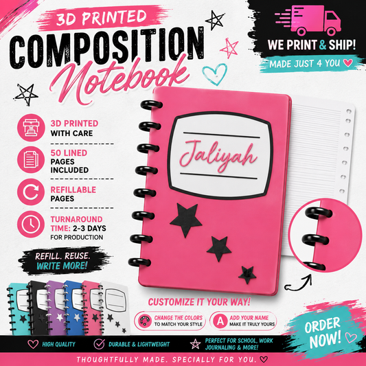 3D Printed Composition Style Notebook | Refillable Disc-Bound Notebook | 50 Lined Pages | Personalized Name & Color Options