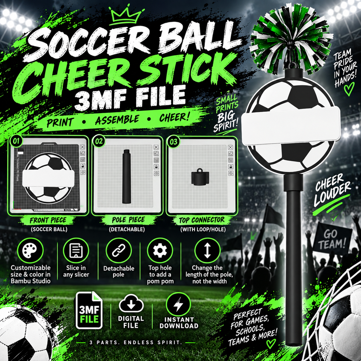 Soccer Ball Cheer Stick 3MF File – Customizable 3D Printable Fan Stick